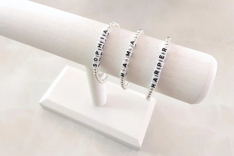 Silver Square Letter Beaded Name Bracelet