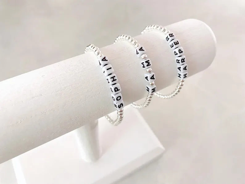 Silver Square Letter Beaded Name Bracelet