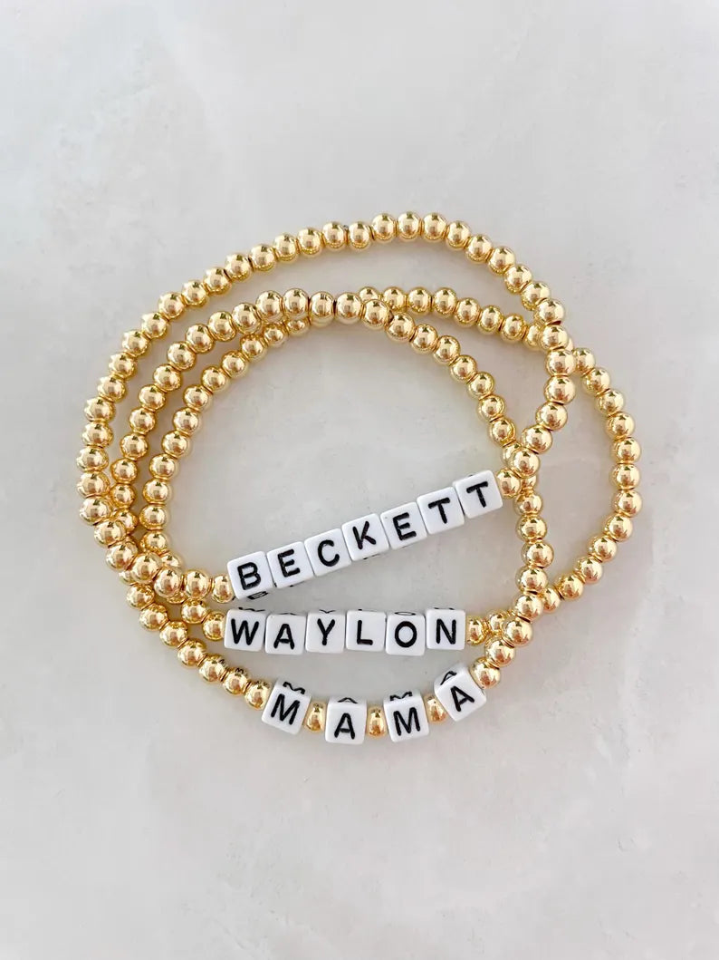Gold Square Letter Beaded Name Bracelet