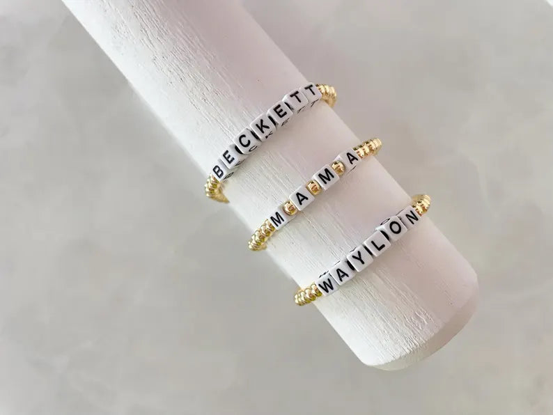 Gold Square Letter Beaded Name Bracelet