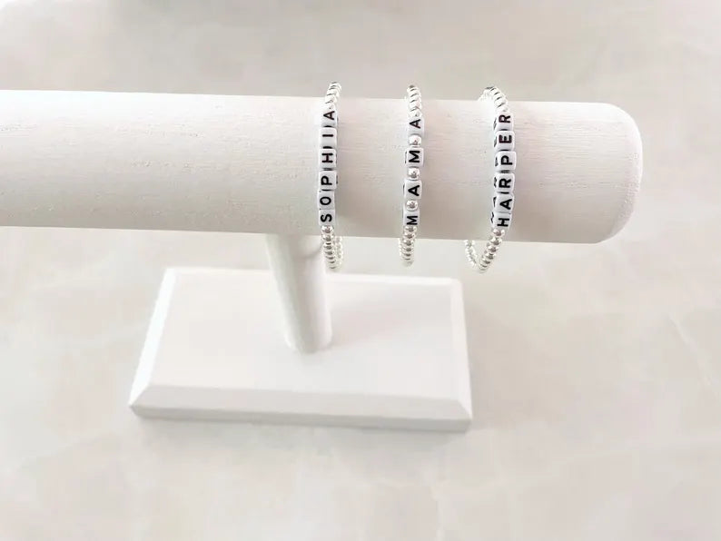 Silver Square Letter Beaded Name Bracelet