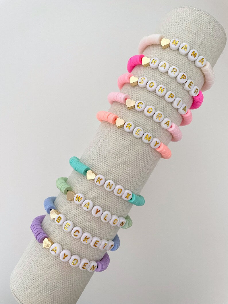 Heart Charm Heishi Name Bracelet