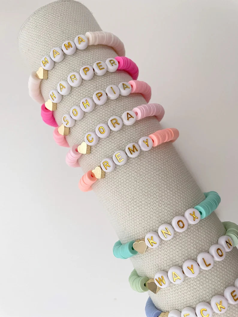 Heart Charm Heishi Name Bracelet