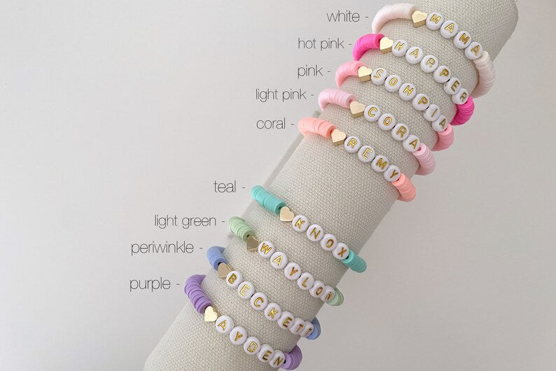 Heart Charm Heishi Name Bracelet