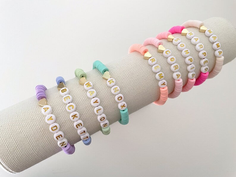 Heart Charm Heishi Name Bracelet