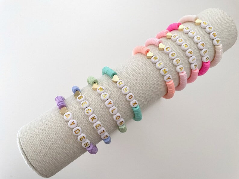 Heart Charm Heishi Name Bracelet