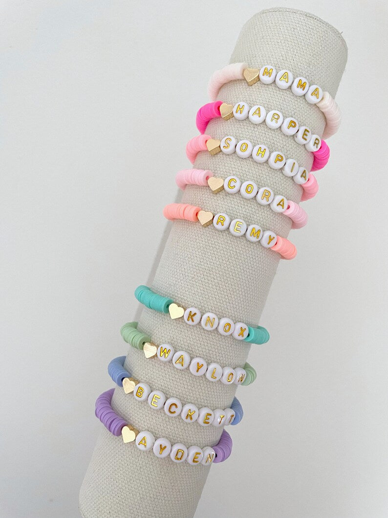 Heart Charm Heishi Name Bracelet