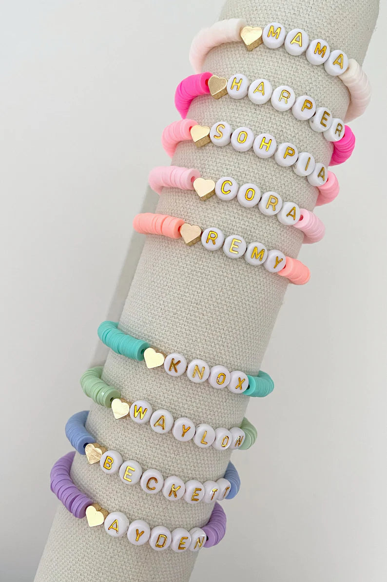 Heart Charm Heishi Name Bracelet